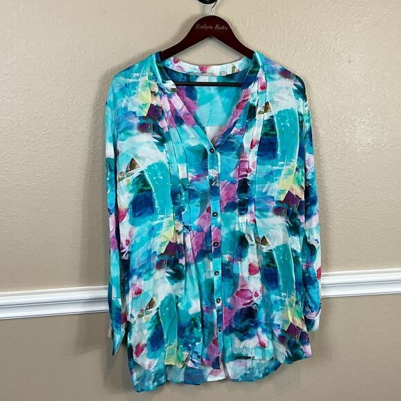 Soft Surroundings Women Top Sz L Blouse Button Up Watercolor Modern Blue Pink R3 - Picture 3 of 12